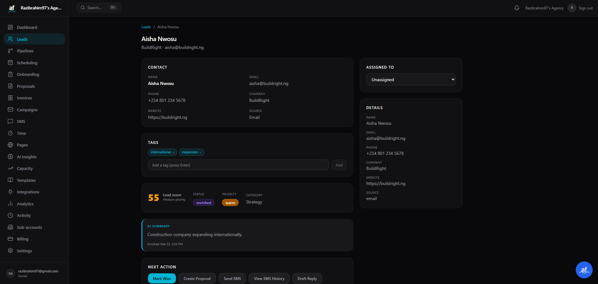 AgenciesFlow lead detail page with AI score breakdown, summary, and draft reply